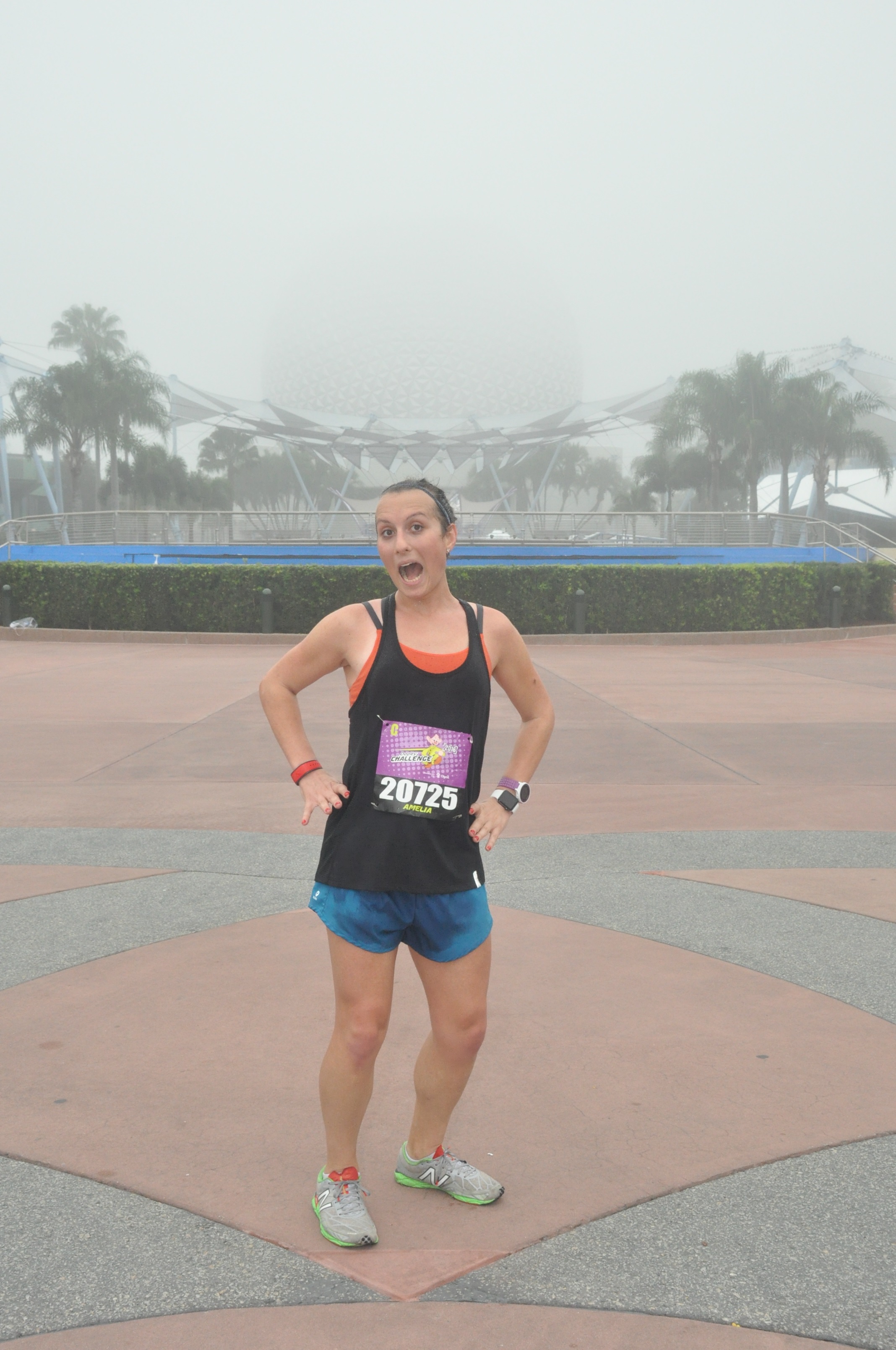It was SO foggy all race. I promise you Spaceship Earth is behind me here!