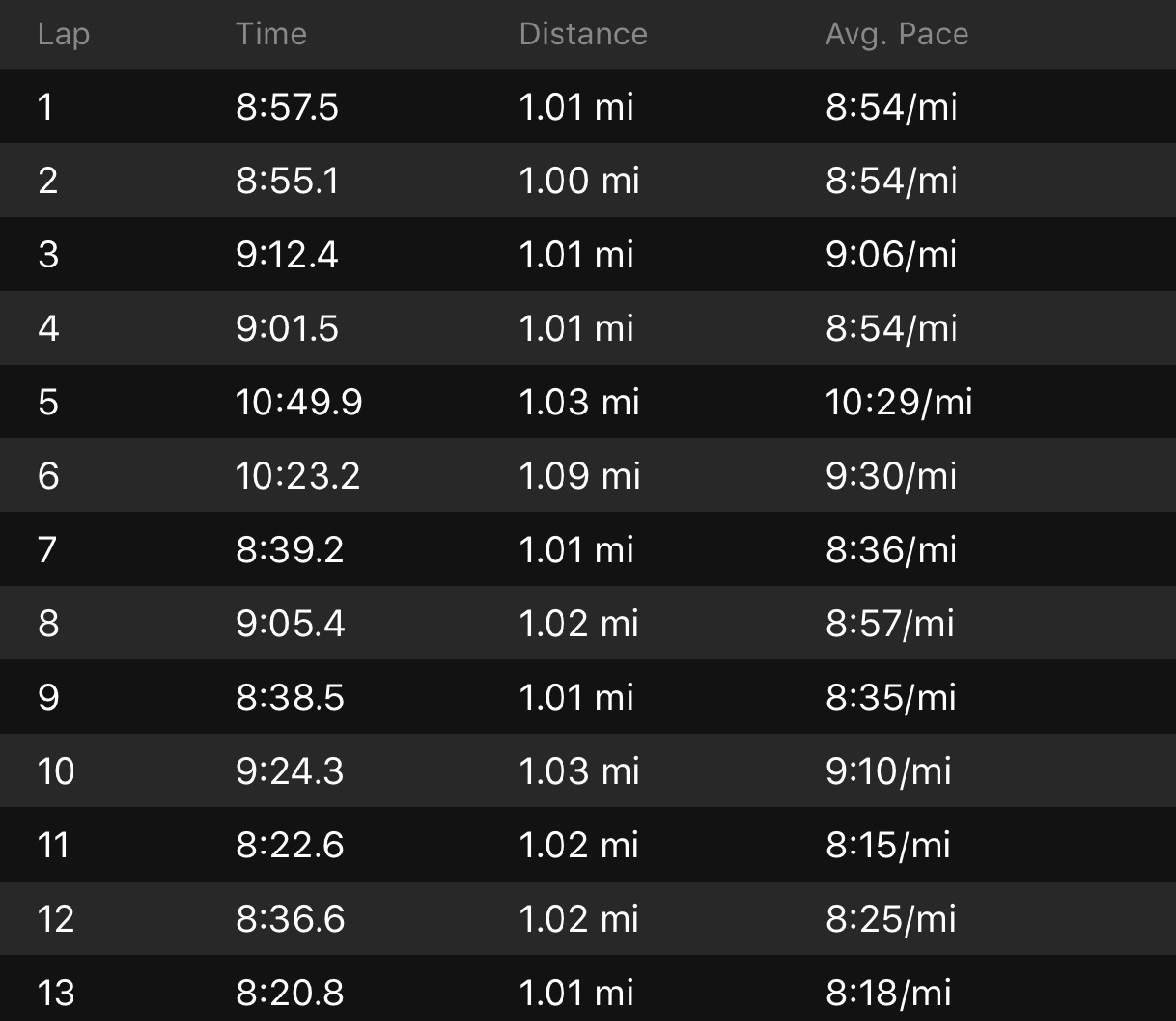 My first half splits. I had my watch in manual lapping mode and lapped it on each mile marker so this should be pretty on point.